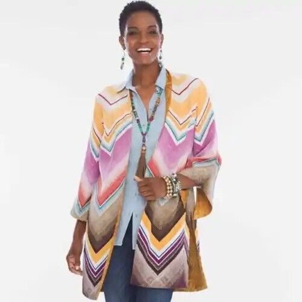 NEW Chico's Reversible Chevron Or Mustard Floral Open Front Jacket Kimono Size 2
